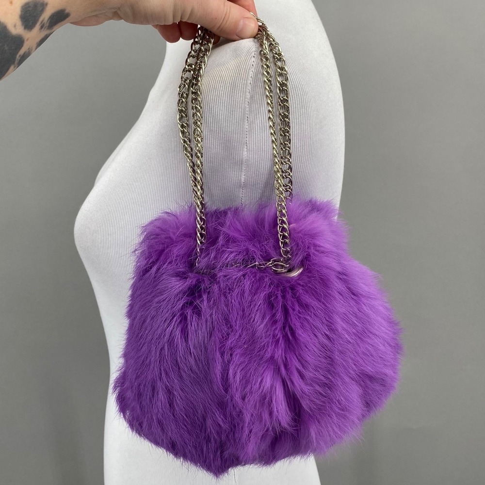 Isis Couture Purple Rabbit Fur Bucket Bag‎ Y2K Boutique Chain Clubwear Purse